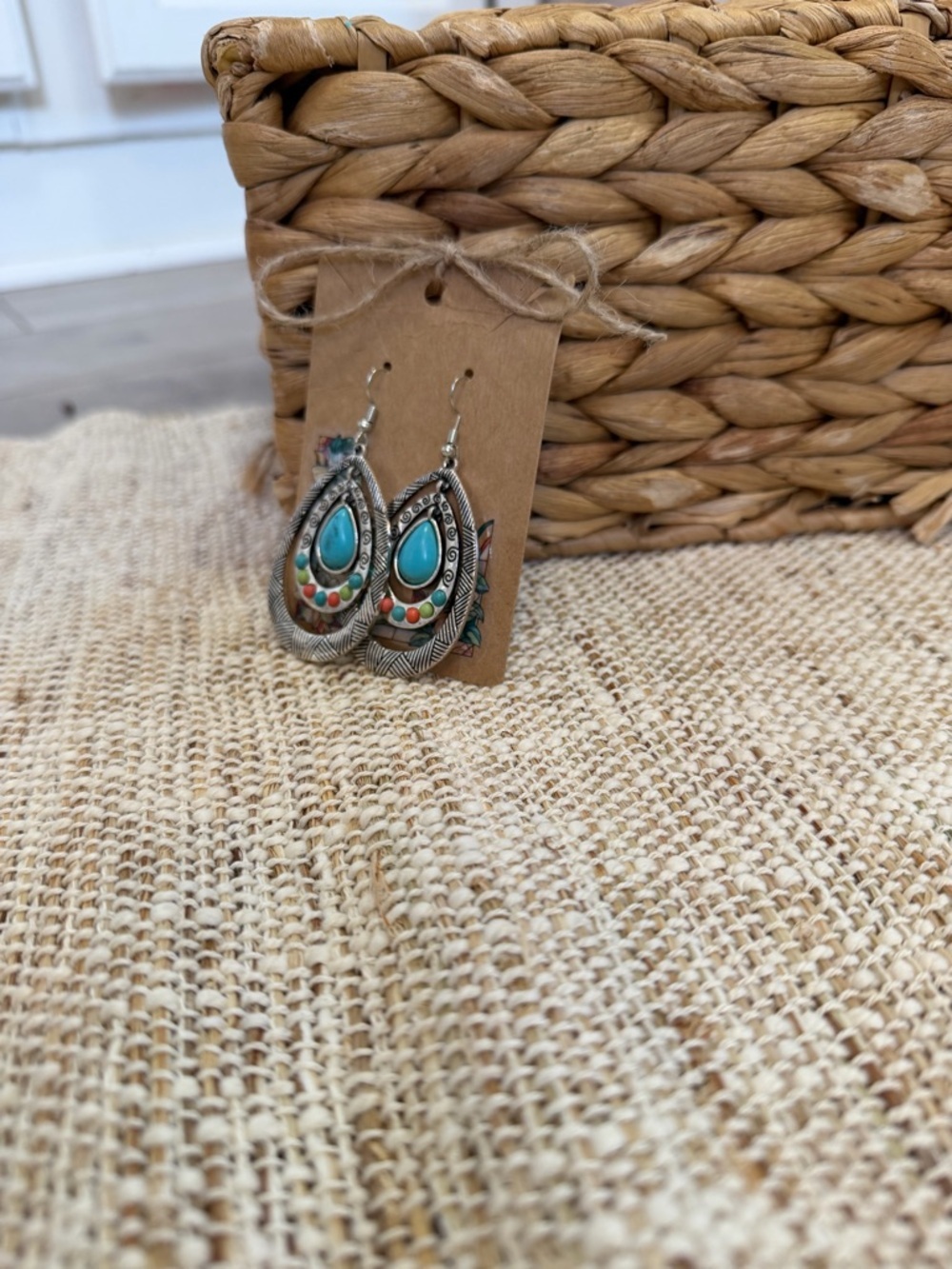 Boho Teardrop Turquoise Multicolor Stone Dangle Earrings - Picture 7 of 10